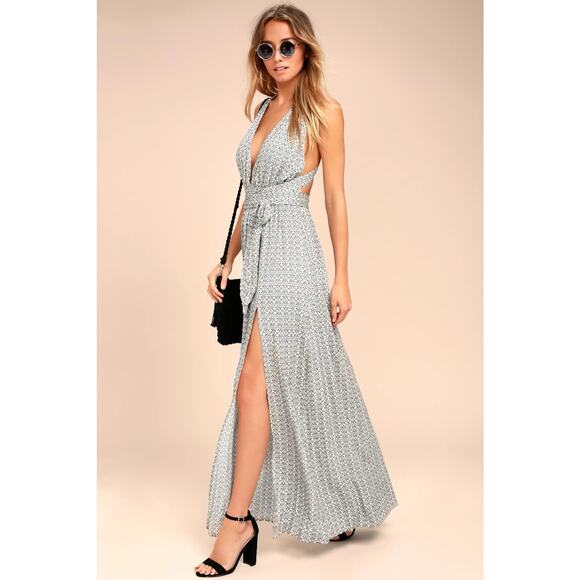 Lulus Casablanca Queen Black/White Dress Print Halter Maxi S Deep Plunge Slit - Picture 2 of 16